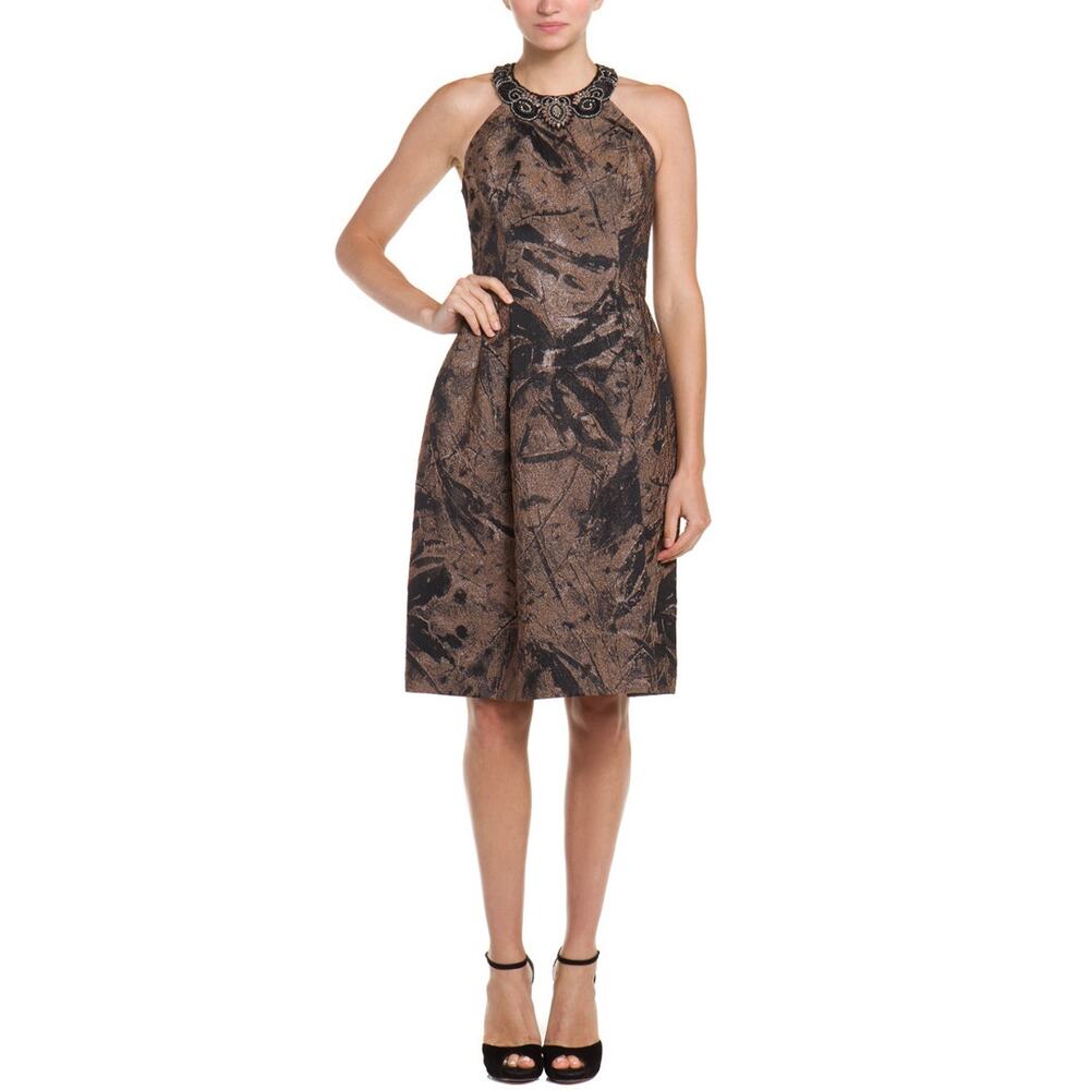 Teri Jon by Rickie Freeman EUC Brown Metallic Jacquard Embellished Neck Dress 18
